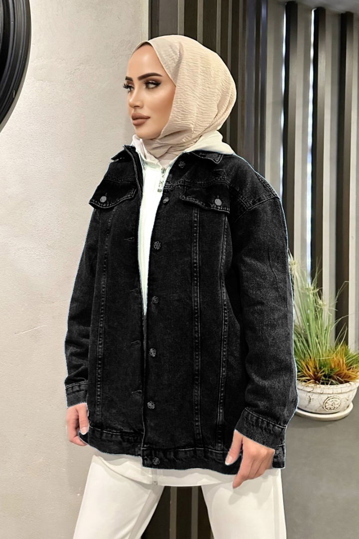 Siyah Oversize Tesettür Kot Ceket LC-19-SIYAH