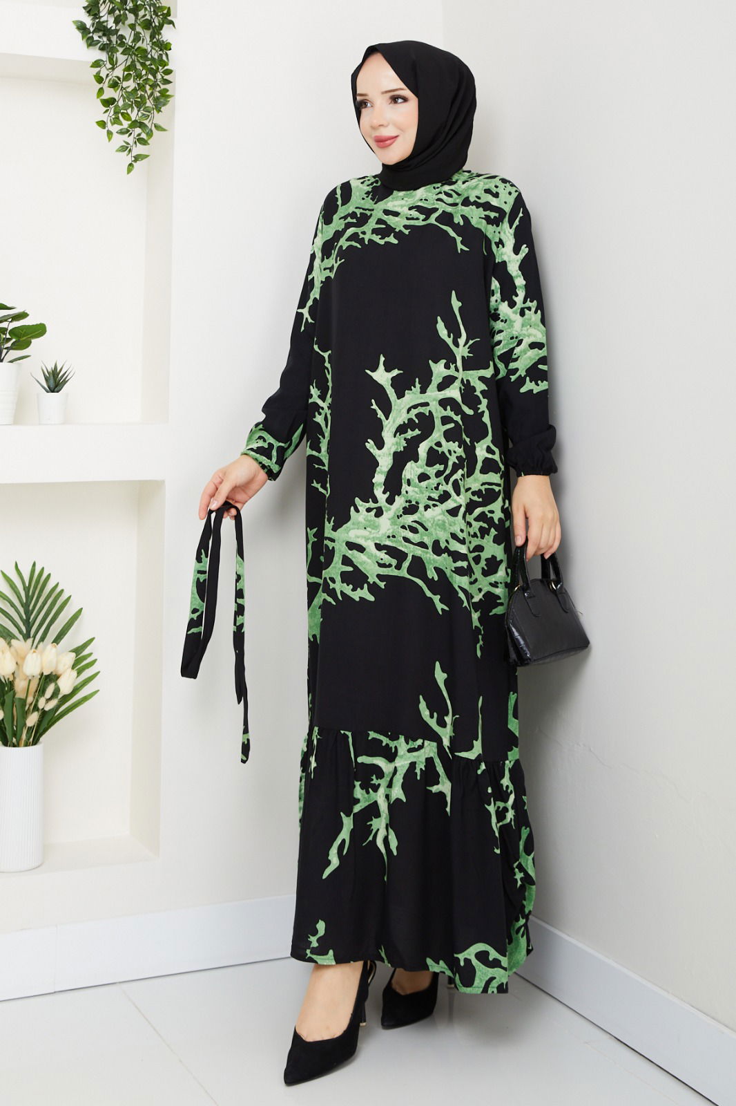 Yeşil Şimşek Desen Dokuma Viskon Elbise LC-32-YESIL