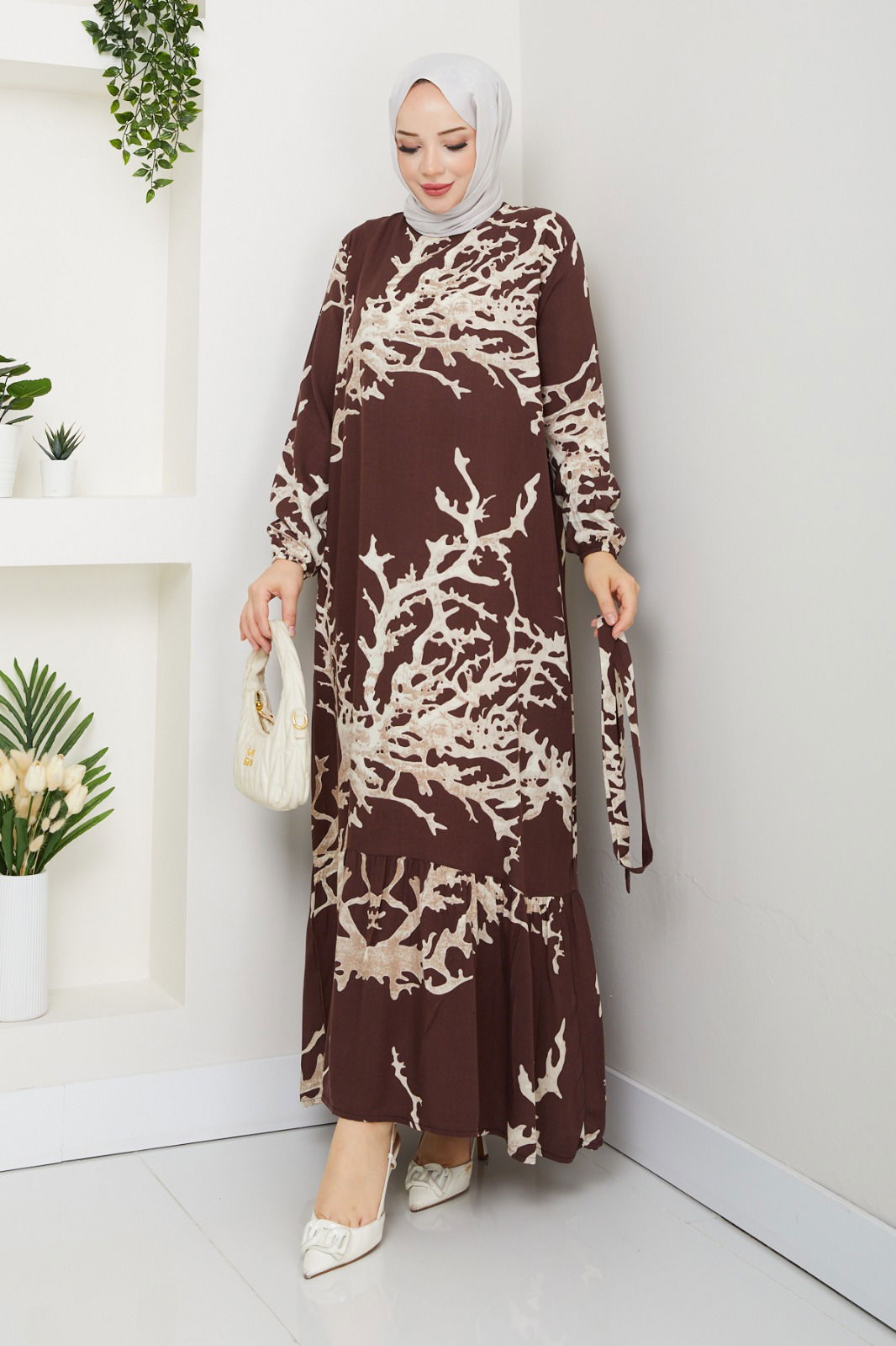 Kahve Şimşek Desen Dokuma Viskon Elbise LC-32-KAHVE