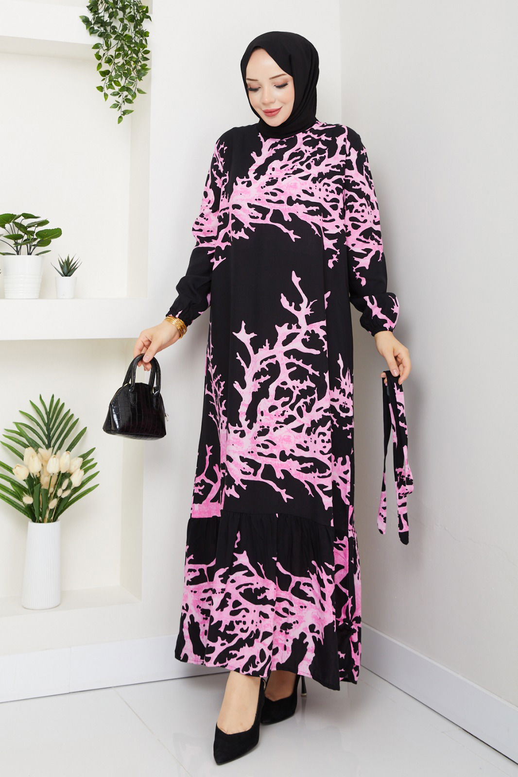 Pembe Şimşek Desen Dokuma Viskon Elbise LC-32-PEMBE